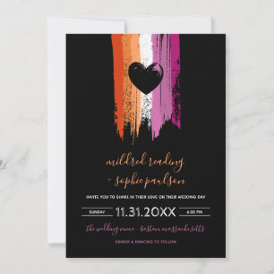 Paint Strokes Lesbian Flag & Black Heart Wedding Invitation