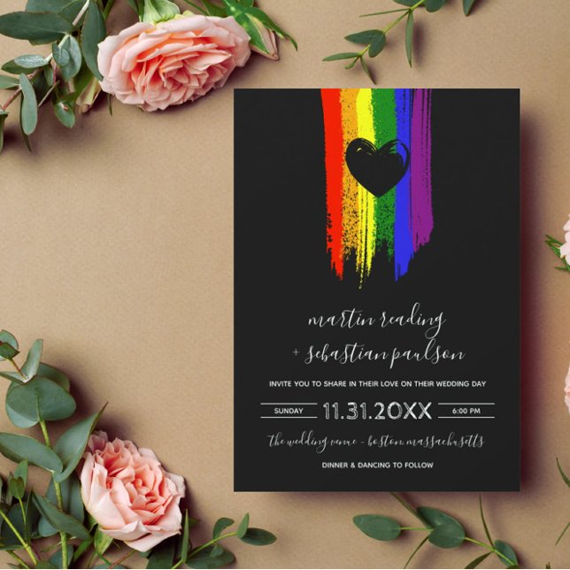 Paint Strokes Pride Flag & Black Heart Wedding Invitation (Creator Uploaded)