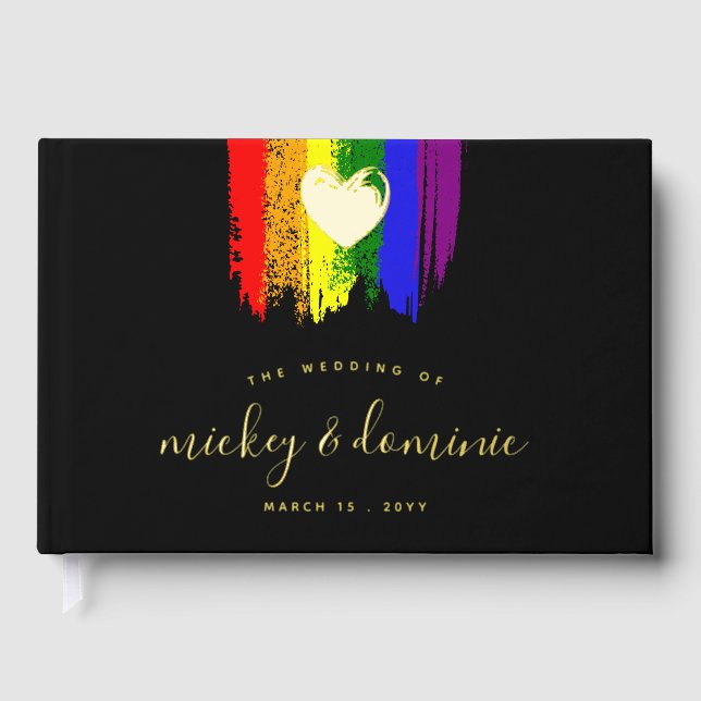 Paint Strokes Pride Flag & Gold Heart Wedding Guest Book (Front)