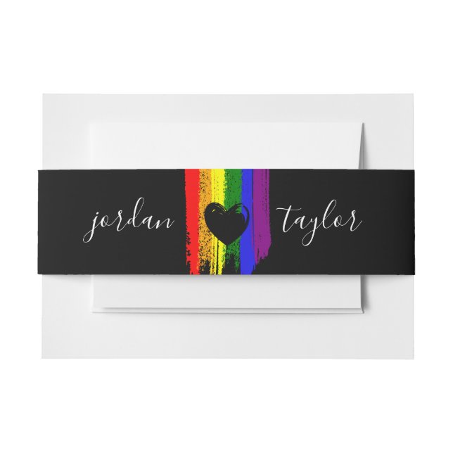 Paint Strokes Pride Flag & Heart LGBT Wedding Invitation Belly Band (Front Example)