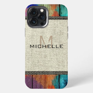 Paint Wood Look Burlap Rustic Monogram iPhone 13 Pro Max Case