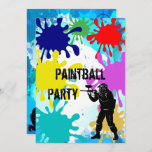 Paintball 16th Birthday Invitation<br><div class="desc">Cool fun invite for boy's and men. Bright splatters of paint are on the front of this cool invite template with a printed image of a man dressed and ready for the paintball fun. The reverse of this card has a water coloured paint splat background image with a soldier crouched...</div>