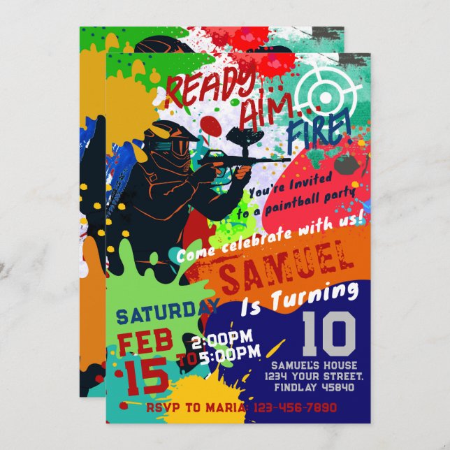 Paintball Birthday Invitation, Paintball Invite (Front/Back)