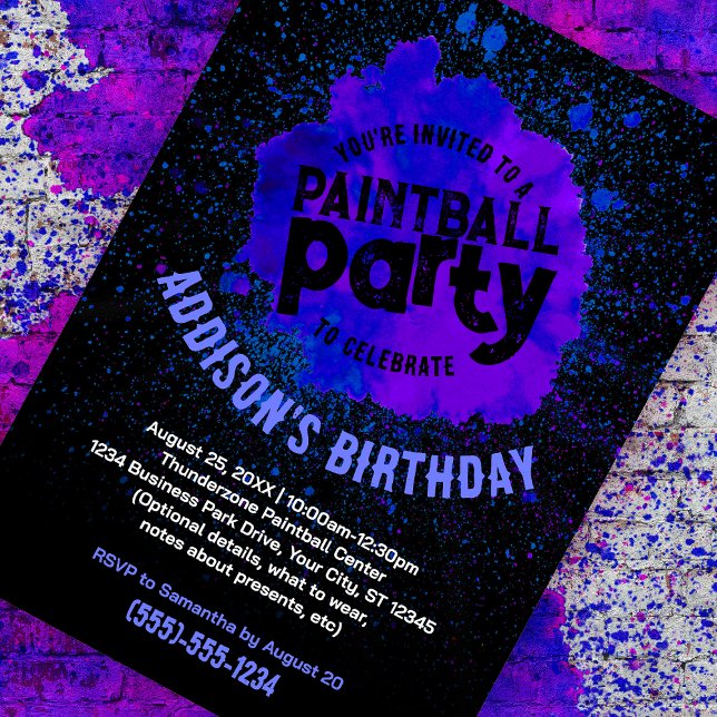 Paintball Birthday Party Custom Invite - Blue (purple paint splatter customizable birthday invite against a paint splattered brick background)