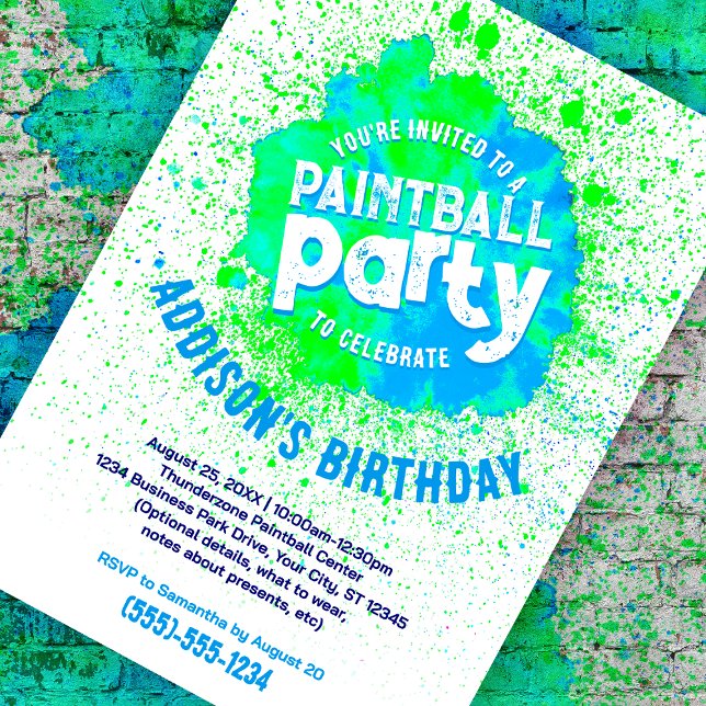 Paintball Birthday Party Custom Invite - Green (green paint splatter customizable birthday invite against a paint splattered brick background)