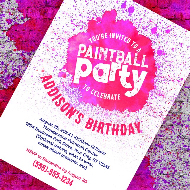 Paintball Birthday Party Custom Invite - Hot Pink (pink paint splatter customizable birthday invite against a paint splattered brick background)