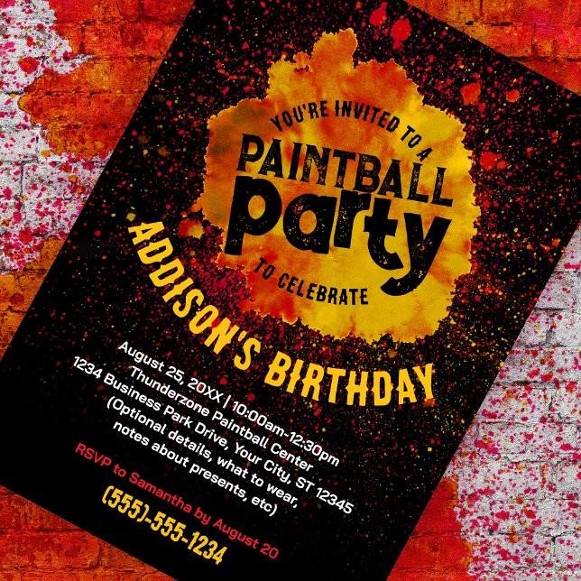 Paintball Birthday Party Custom Invite - Orange (orange paint splatter customizable birthday invite against a paint splattered brick background. )