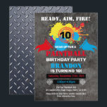 Paintball Birthday Party Invitation Kid Teen Adult<br><div class="desc">[All text are editable]
Get this fun design now!
Occasion: Birthday Party for kid,  teen,  or adult.
Theme: Paintball Party.
Style: Fun,  Colourful.
Colours: red,  blue,  yellow,  orange,  grey.
Graphics: Metallic Industrial Background,  Paints.,  sniper target shooter view.</div>