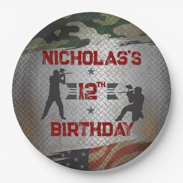 Paintball Birthday Party Military Camo USA  Paper Plate (Front)