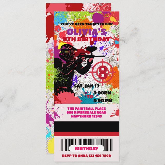 Paintball Birthday Ticket Invitation, Paintball Invitation (Front/Back)