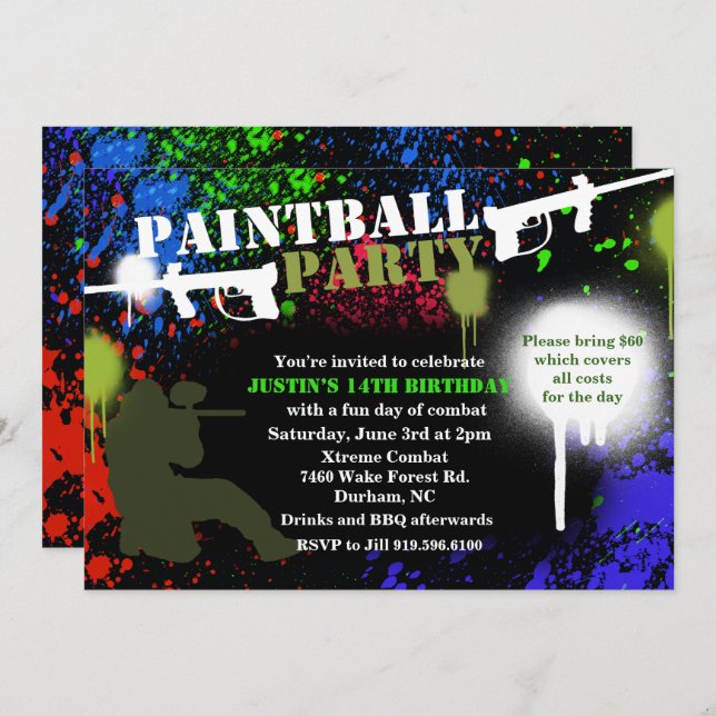 Paintball Party Birthday Invitation (Front/Back)