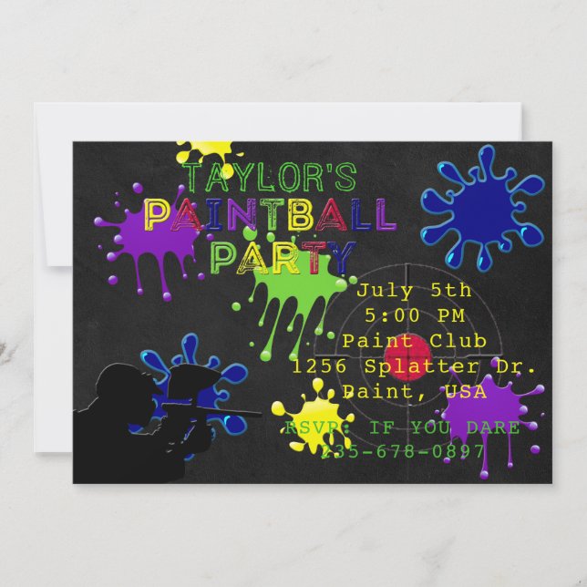Paintball Party Chalkboard Black Splat Invitation (Front)