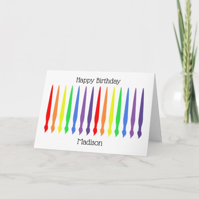 Paintbrushes, rainbow colours, happy birthday card (Front)