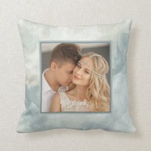 Painted Abstract   Elegant Green with Two Photos Cushion