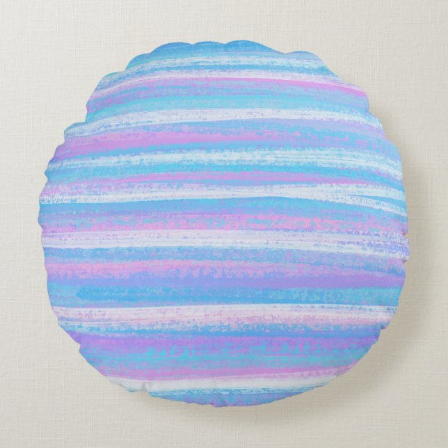 Painted Acrylic Stripes Turquoise Pink Purple Round Cushion (Front)