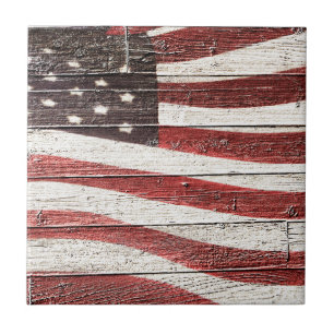 Painted American Flag on Rustic Wood-like Texture Tile