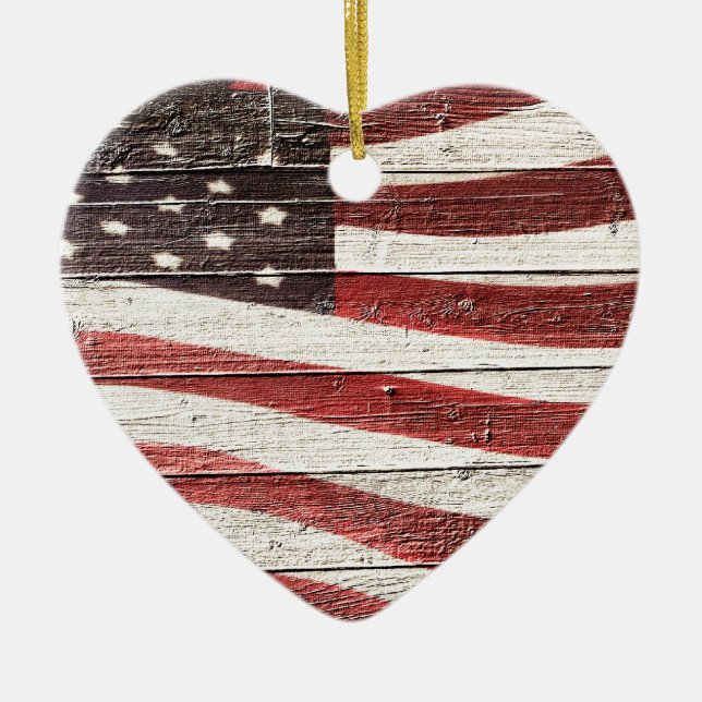 Painted American Flag on Rustic Wood Texture Ceramic Ornament (Front)
