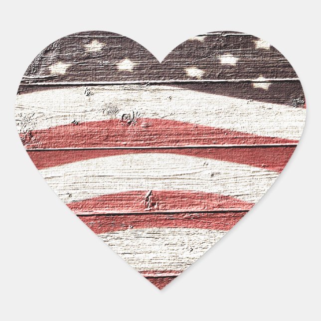 Painted American Flag on Rustic Wood Texture Heart Sticker (Front)