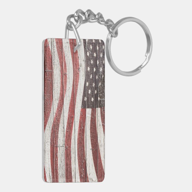 Painted American Flag on Rustic Wood Texture Key Ring (Back Left)