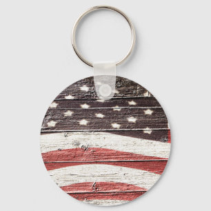Painted American Flag on Rustic Wood Texture Key Ring