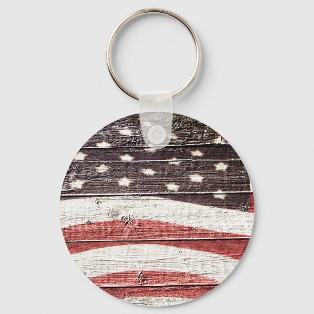 Painted American Flag on Rustic Wood Texture Key Ring (Front)