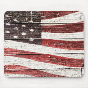Painted American Flag on Rustic Wood Texture Mouse Pad