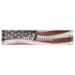 Painted American Flag on Rustic Wood Texture Nameplate