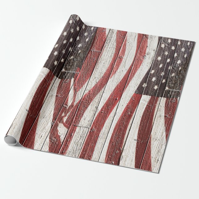 Painted American Flag on Rustic Wood Texture Wrapping Paper (Unrolled)