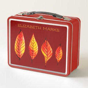 Painted Autumn Leaves Custom Name Red Metal Lunch Box