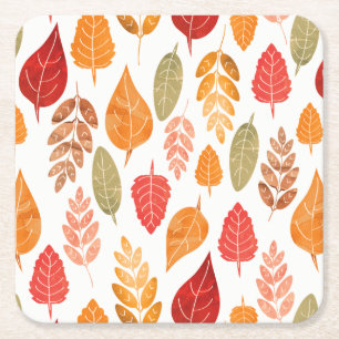 Painted Autumn Leaves Pattern Square Paper Coaster