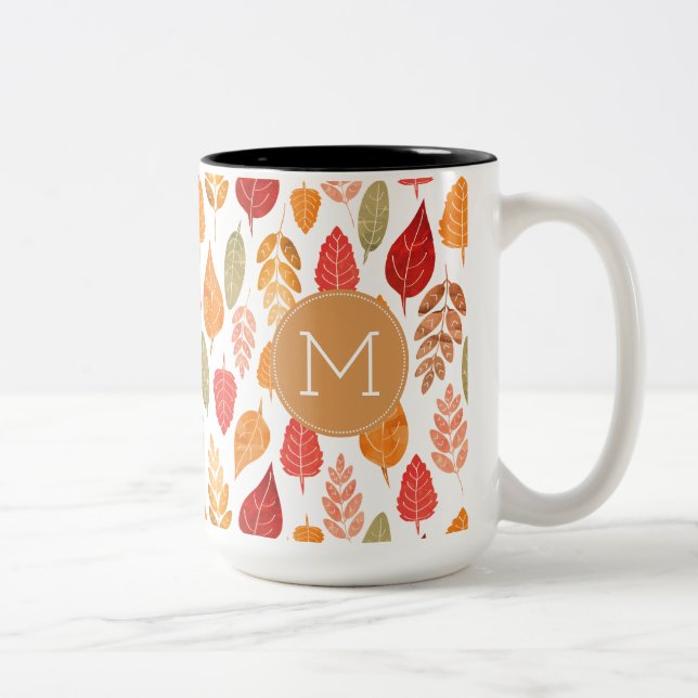 Painted Autumn Leaves Pattern Two-Tone Coffee Mug (Right)