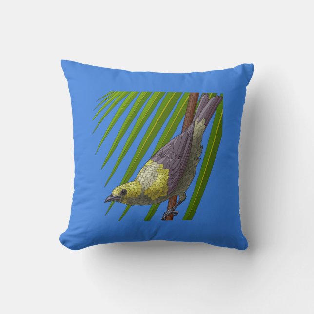 Painted Bird on Green and Blue Cushion (Front)