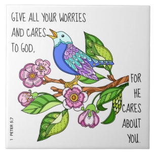 Painted bird, w verse from 1 Peter 5:7 Ceramic Tile