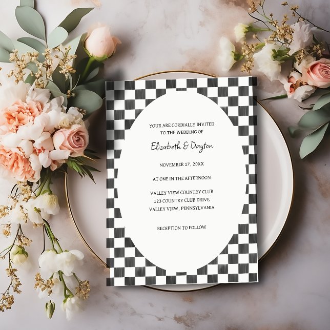 Painted Black and White Check Pattern Wedding Invitation (Creator Uploaded)