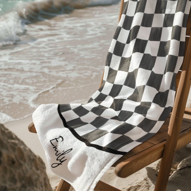 Painted Black Checkerboard Pattern Personalized Beach Towel (Creator Uploaded)