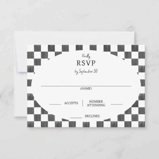 Painted Black Checkerboard Pattern Wedding RSVP Card (Front)