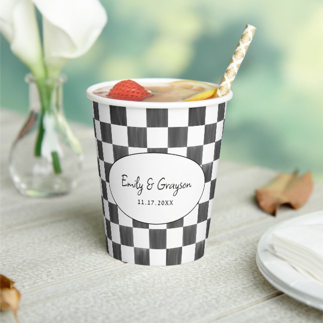 Painted Black Chequerboard Pattern Wedding Paper Cups (Insitu)