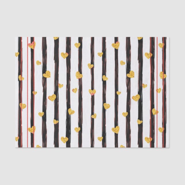 Painted Black Stripe with Gold Hearts Tissue Paper (Front)