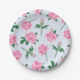 Painted Blue Pink and Green Rose Pattern Paper Plate