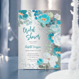 Painted Blue Silver Floral Winter bridal shower Invitation