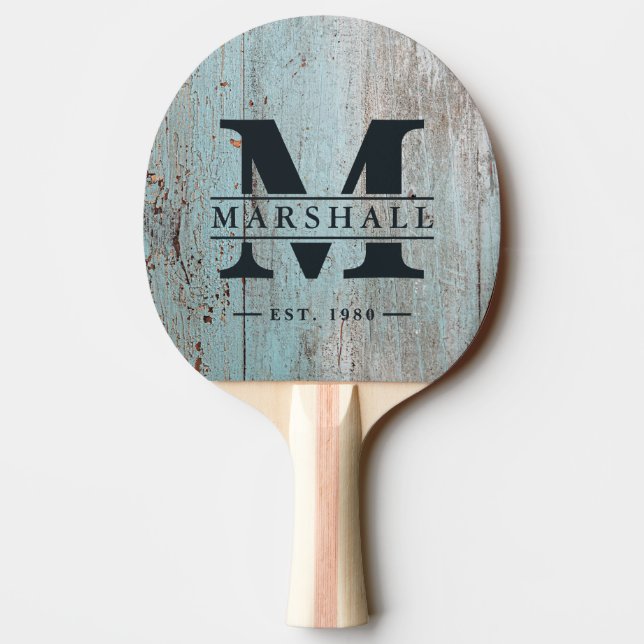 Painted Blue Wood Monogram & Name Overlay Ping Pong Paddle (Back)