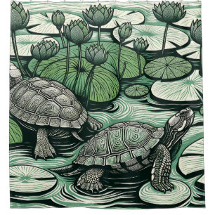 Painted Box Turtles and Lily Pads water lilies     Shower Curtain