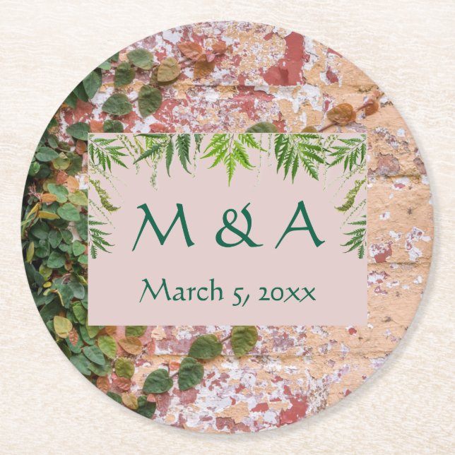 Painted Bricks Green Ivy Wedding  Round Paper Coaster (Front)