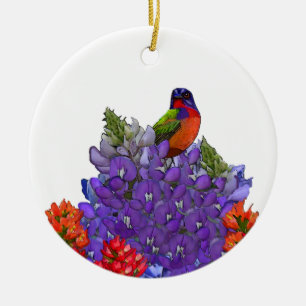Painted Bunting on Bluebonnets Ceramic Ornament