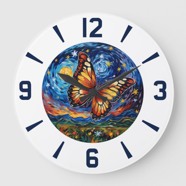 Painted Butterfly Starry Night Sky Elegant Womans Large Clock (Front)