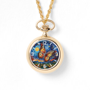 Painted Butterfly Starry Night Sky Elegant Womans Watch