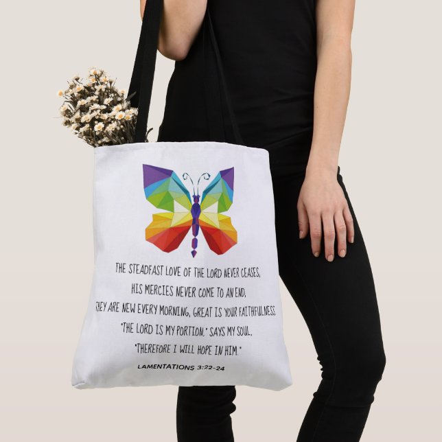 Painted Butterfly, verse from Lamentations 3:22-24 Tote Bag (Close Up)