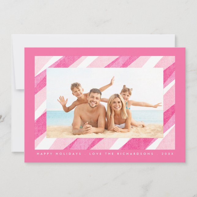 Painted Candy Cane Stripe Pink Holiday Photo Card (Front)