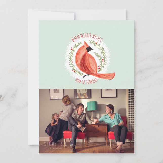 Painted Cardinal Wreath One-Photo Holiday Card (Front)