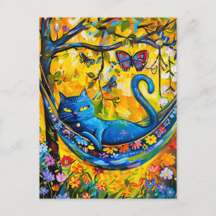 Painted Cat in Hammock Under Tree with butterfly Postcard